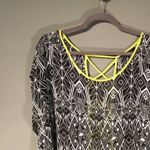 Geometric sheer blouse with neon yellow trim